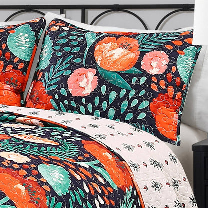 King size Boho Floral Red Poppy Navy Teal Lightweight 3 Piece Cotton Quilt Set - - Bedroom > Quilts & Blankets