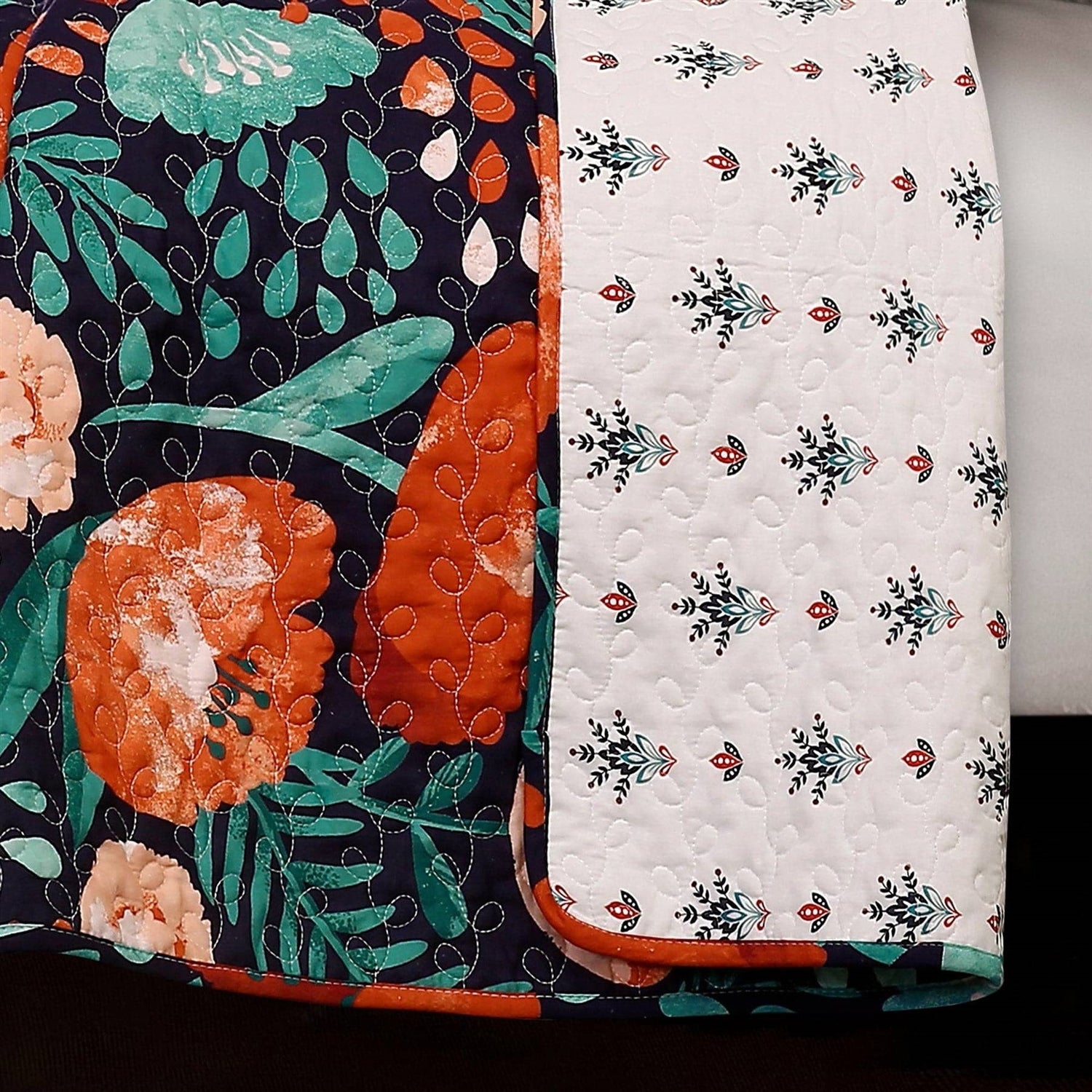 King size Boho Floral Red Poppy Navy Teal Lightweight 3 Piece Cotton Quilt Set - - Bedroom > Quilts & Blankets