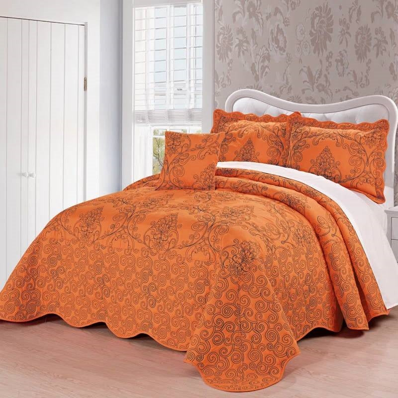 King size Orange Nectarine Damask Embroidered 4 Piece Oversized Bedspread Set - - Bedroom > Bedspreads