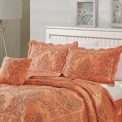 King size Orange Nectarine Damask Embroidered 4 Piece Oversized Bedspread Set - - Bedroom > Bedspreads