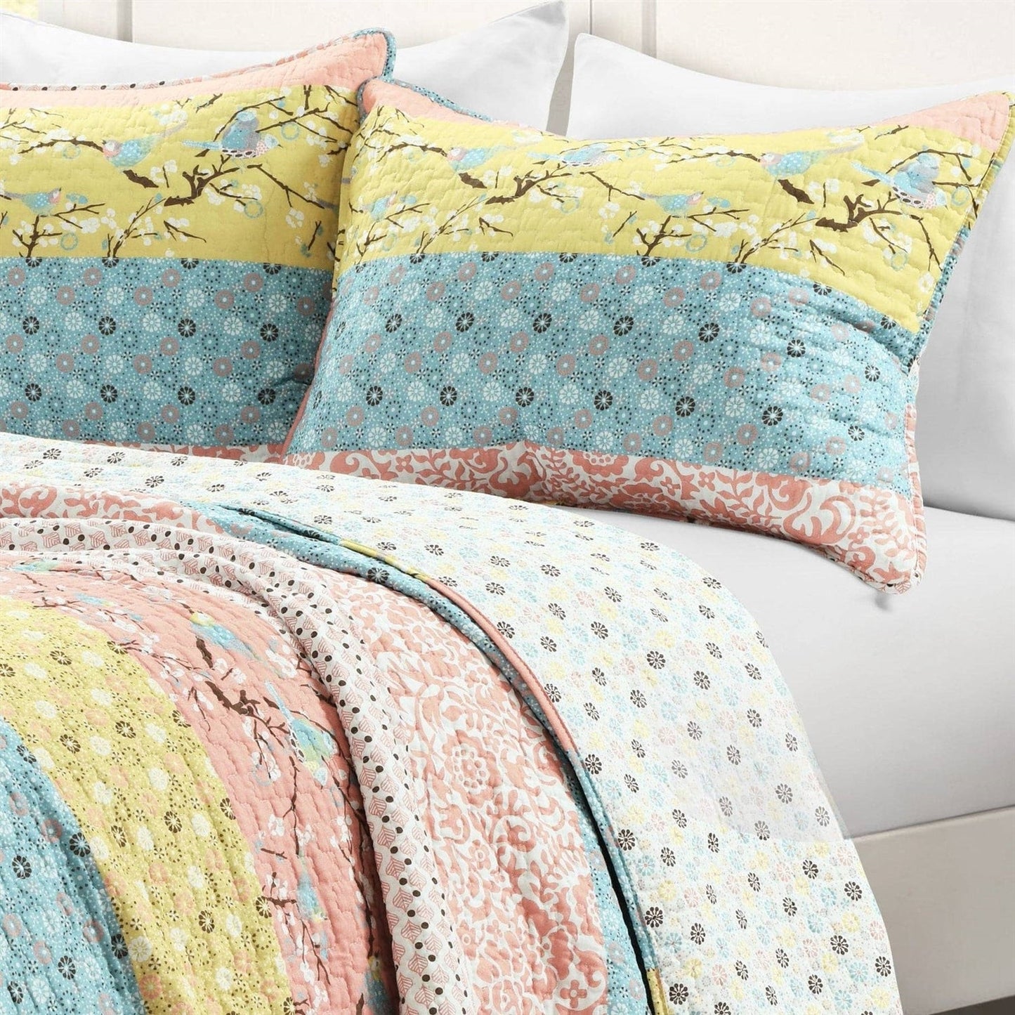 King size Blue Yellow Pink Ivory Boho Floral Reversible Lightweight Quilt Set - - Bedroom > Quilts & Blankets
