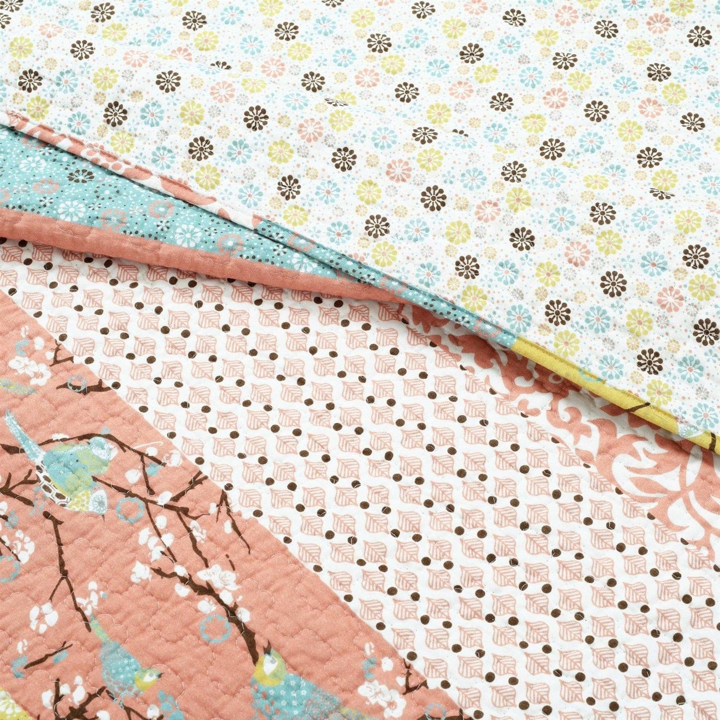 King size Blue Yellow Pink Ivory Boho Floral Reversible Lightweight Quilt Set - - Bedroom > Quilts & Blankets