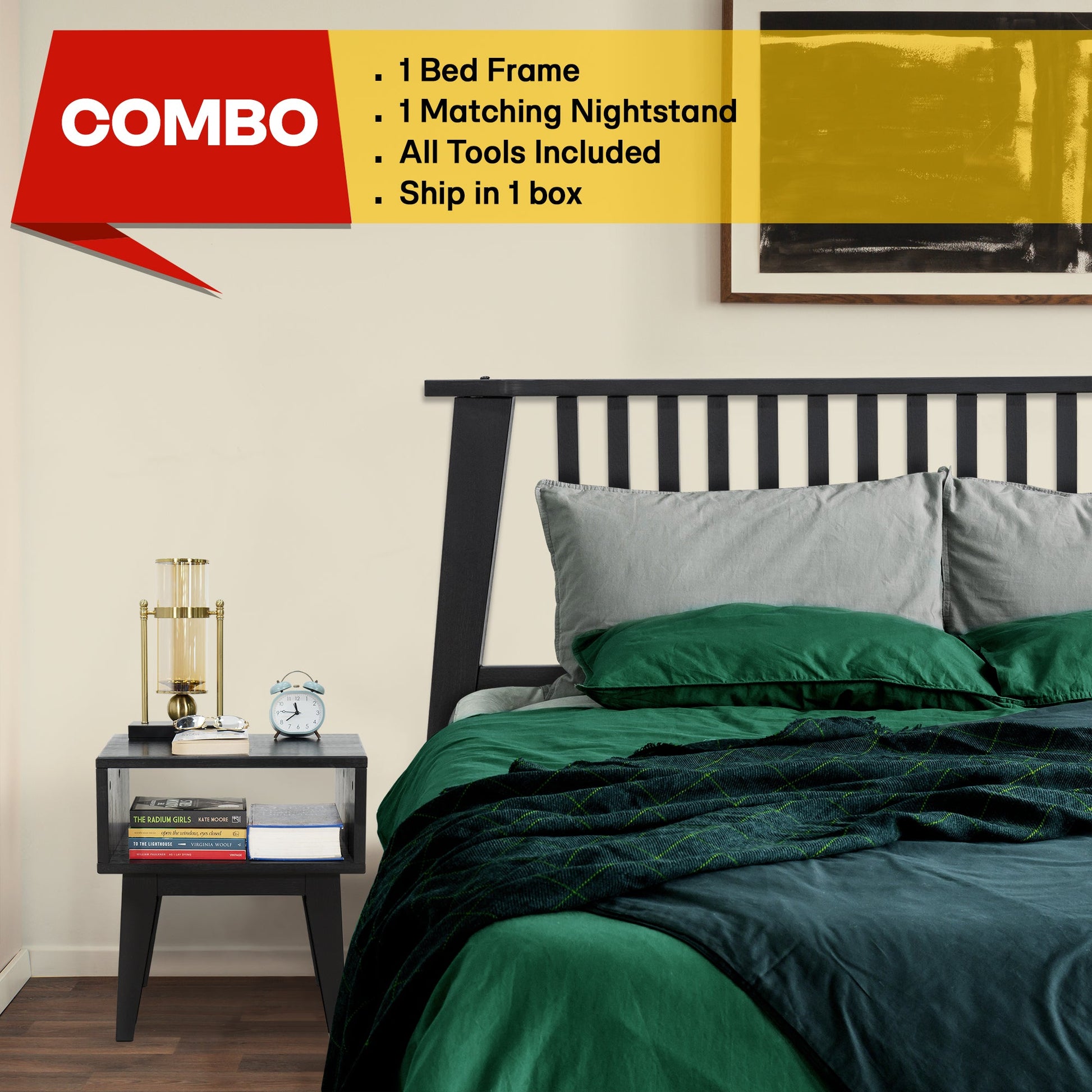 [Buy 1 Get 1] Kaylin Solid Wood Bed Frame & Nightstand - - Bedroom Set