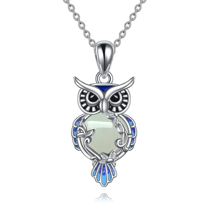LUHE Owl Necklace Gifts Sterling Silver Jade Filigree Owl Necklace