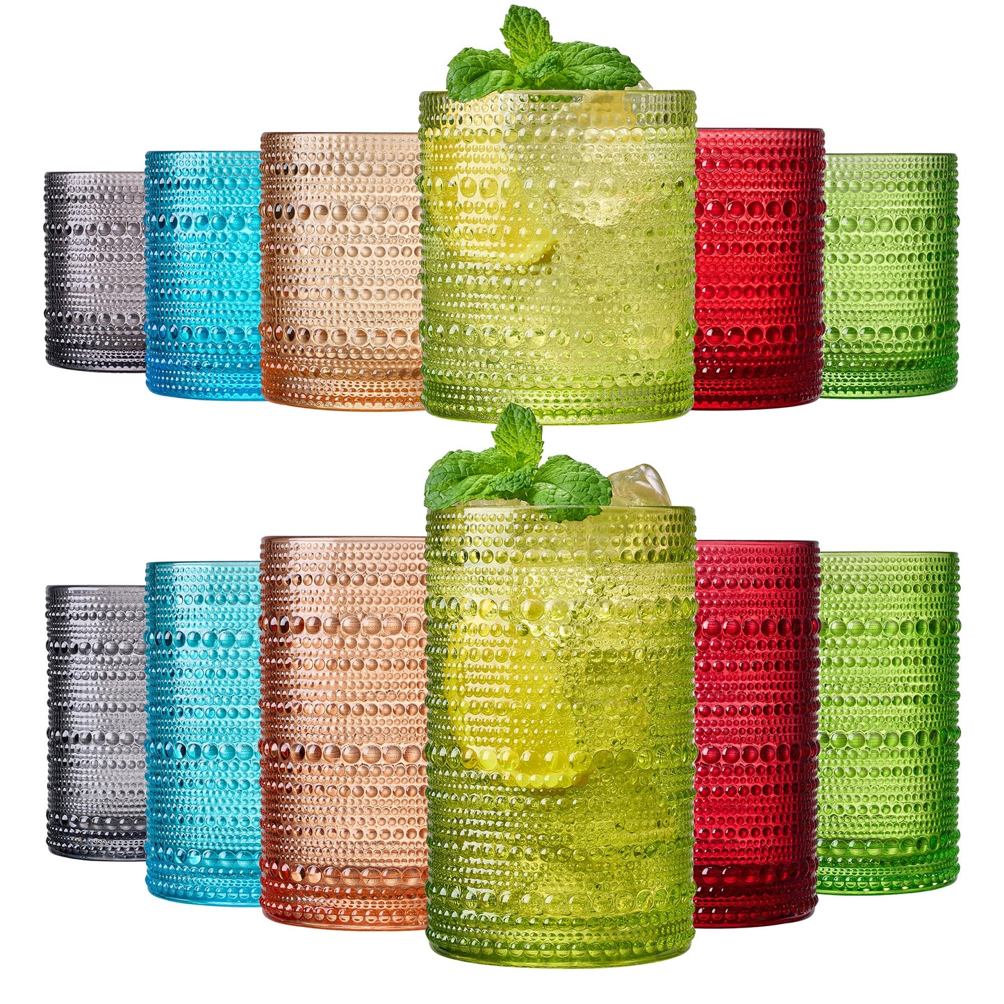 Fortuna Hobnail Lowball & Highball Glassware, Set of 12 - - Highball & Lowball