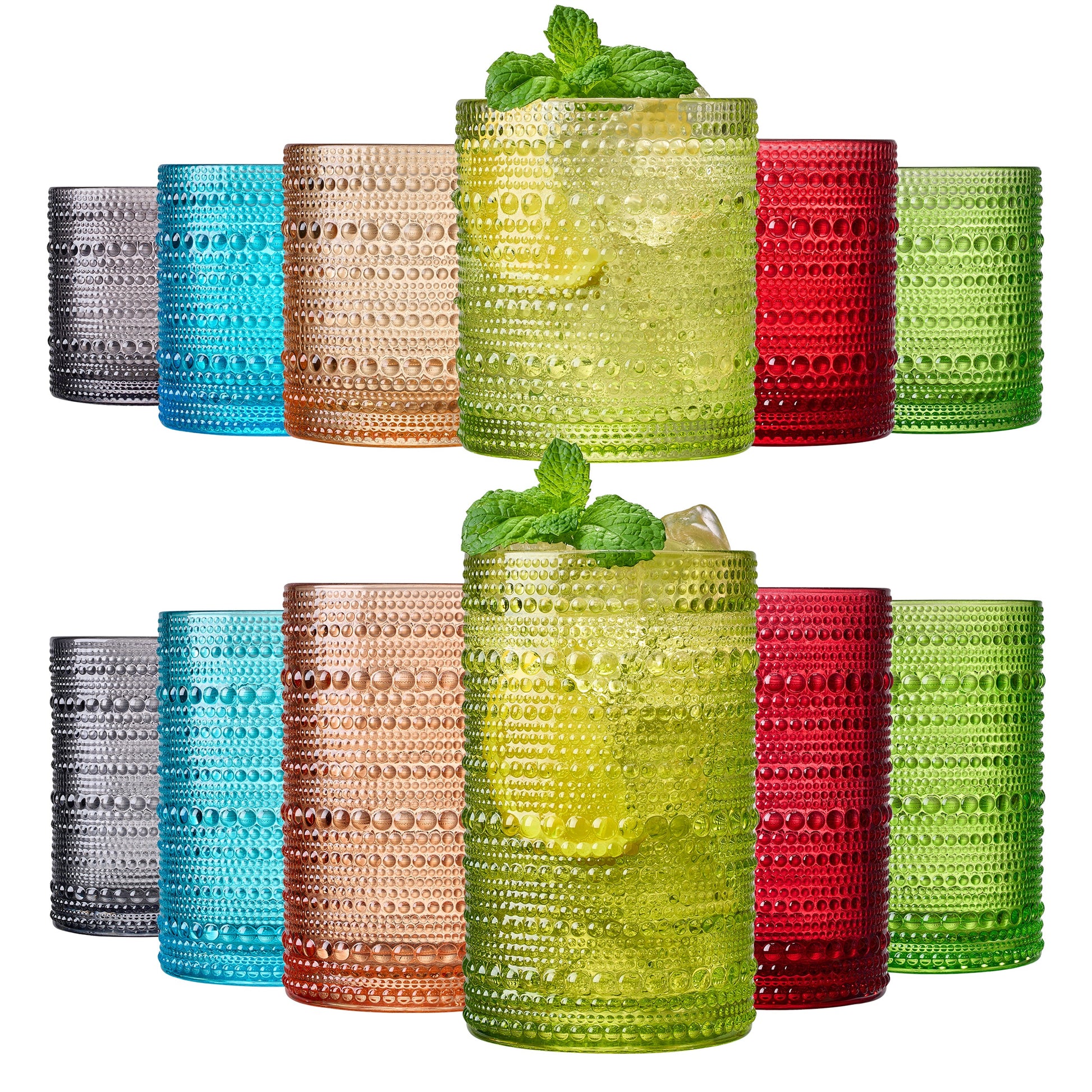 Fortuna Hobnail Lowball & Highball Glassware, Set of 12 - - Highball & Lowball