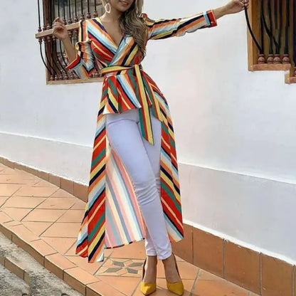 Rainbow Striped Long Sleeve Tie Blouse - - Women's Fashion - Women's Clothing - Blouses & Shirts