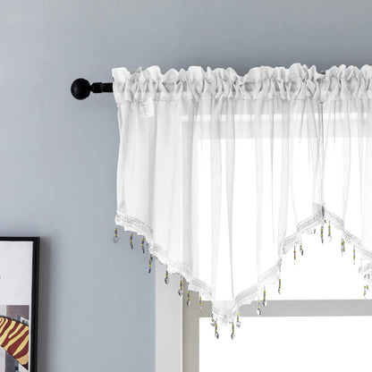 PearAge Beaded Triangle Sheer Valance Curtains for Living RoomRod Pocket Farmhouse Window Valance Bead Trim Tassel Voile Sheer Curtain Valance for Bedroom Bathroom Cafe 51x24 Inches (Ivory) 1PC Kia Day Design