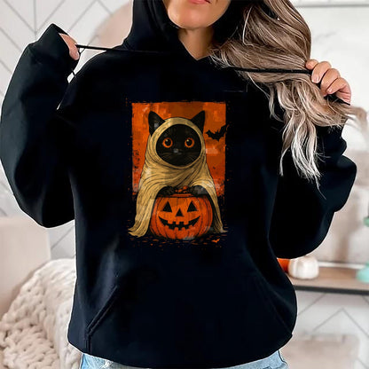 Funny Vintage Black Cat Halloween Pumpkin Spooky Ghost Women T-Shirt - Halloween Unisex T-Shirt/Hoodie - NGHL00 - Hoodie -