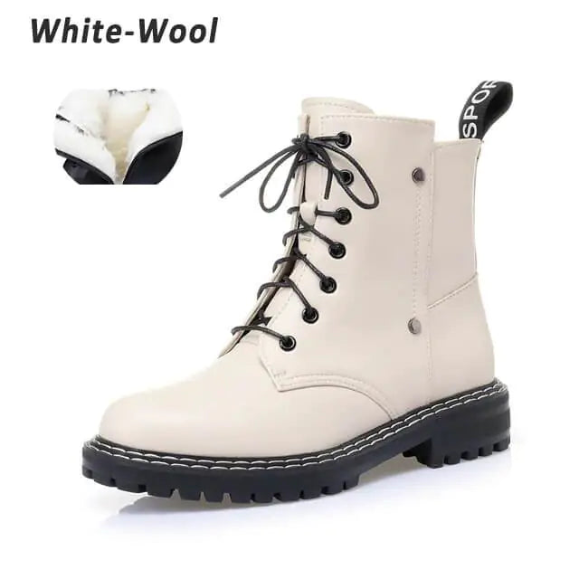 Genuine Leather Womens Chunky Heel Ankle Boots - White wool 36 - boots