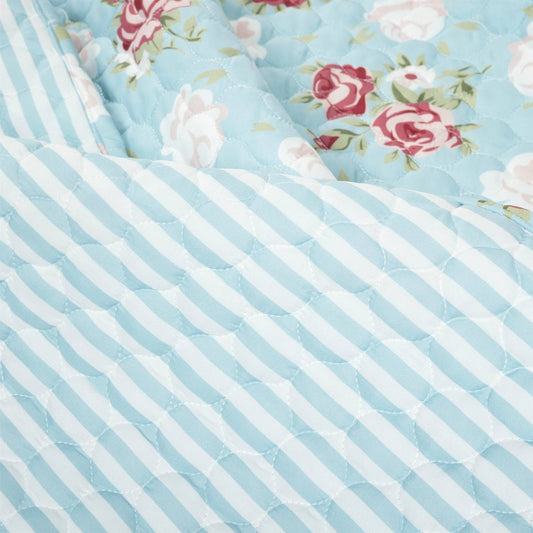 Full/Queen size Vintage Rose Ruffle Edge Light Quilt Set in Blue White and Pink - - Bedroom > Quilts & Blankets