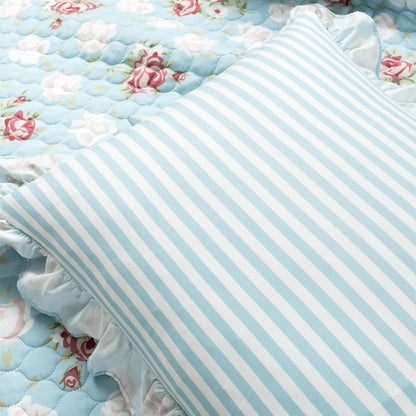 Full/Queen size Vintage Rose Ruffle Edge Light Quilt Set in Blue White and Pink - - Bedroom > Quilts & Blankets