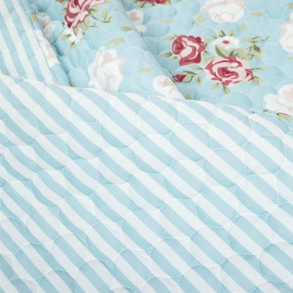 King size Vintage Rose Ruffle Edge Light Quilt Set in Blue White and Pink - - Bedroom > Quilts & Blankets
