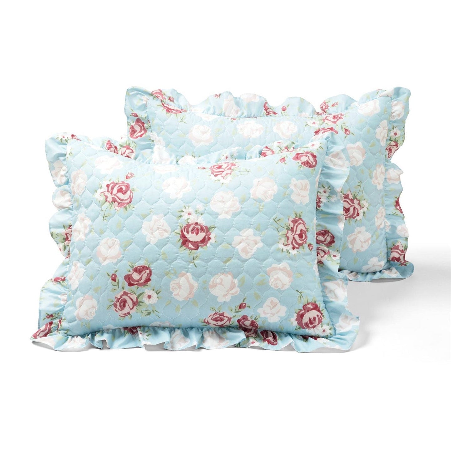 King size Vintage Rose Ruffle Edge Light Quilt Set in Blue White and Pink - - Bedroom > Quilts & Blankets