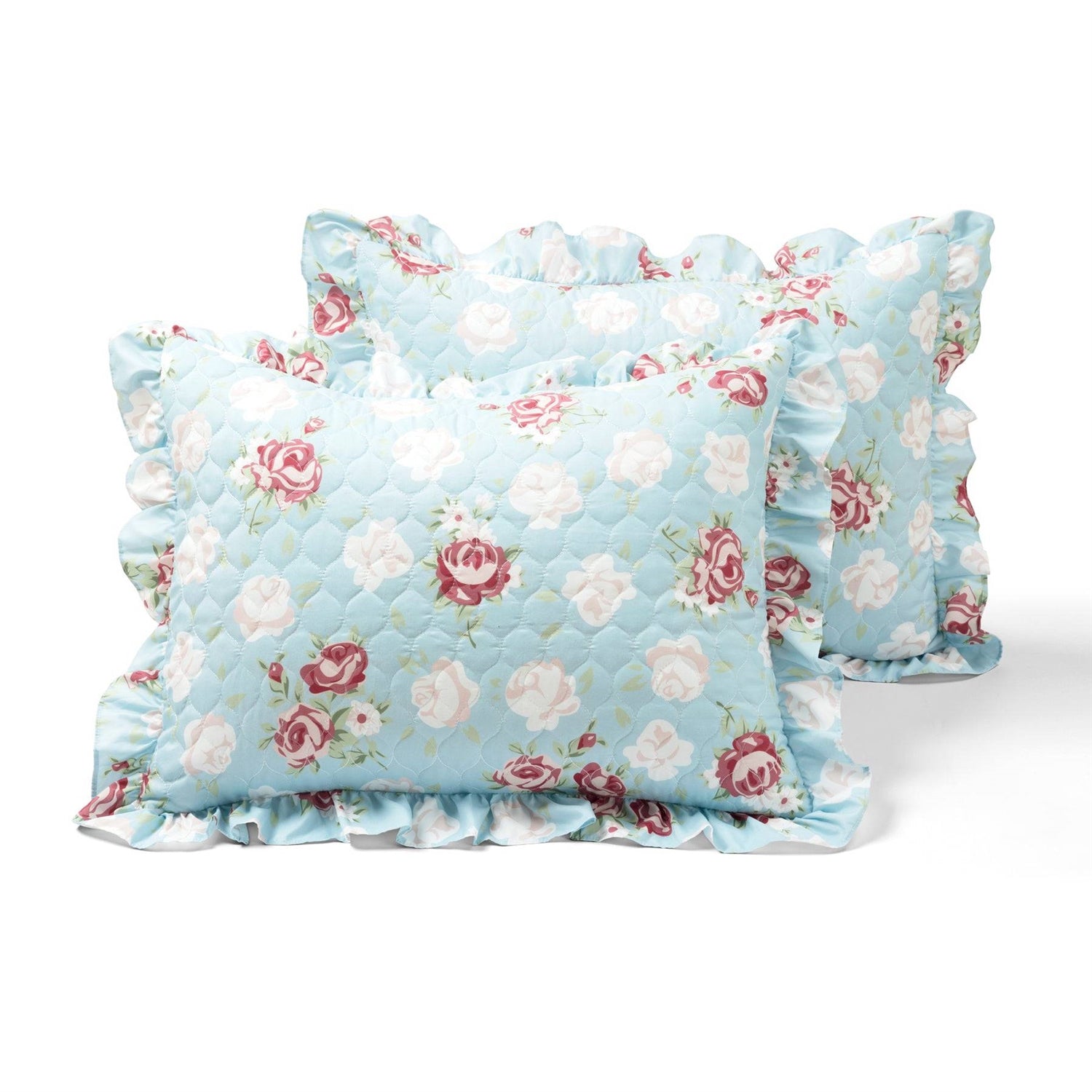 King size Vintage Rose Ruffle Edge Light Quilt Set in Blue White and Pink - - Bedroom > Quilts & Blankets