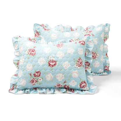 King size Vintage Rose Ruffle Edge Light Quilt Set in Blue White and Pink - - Bedroom > Quilts & Blankets