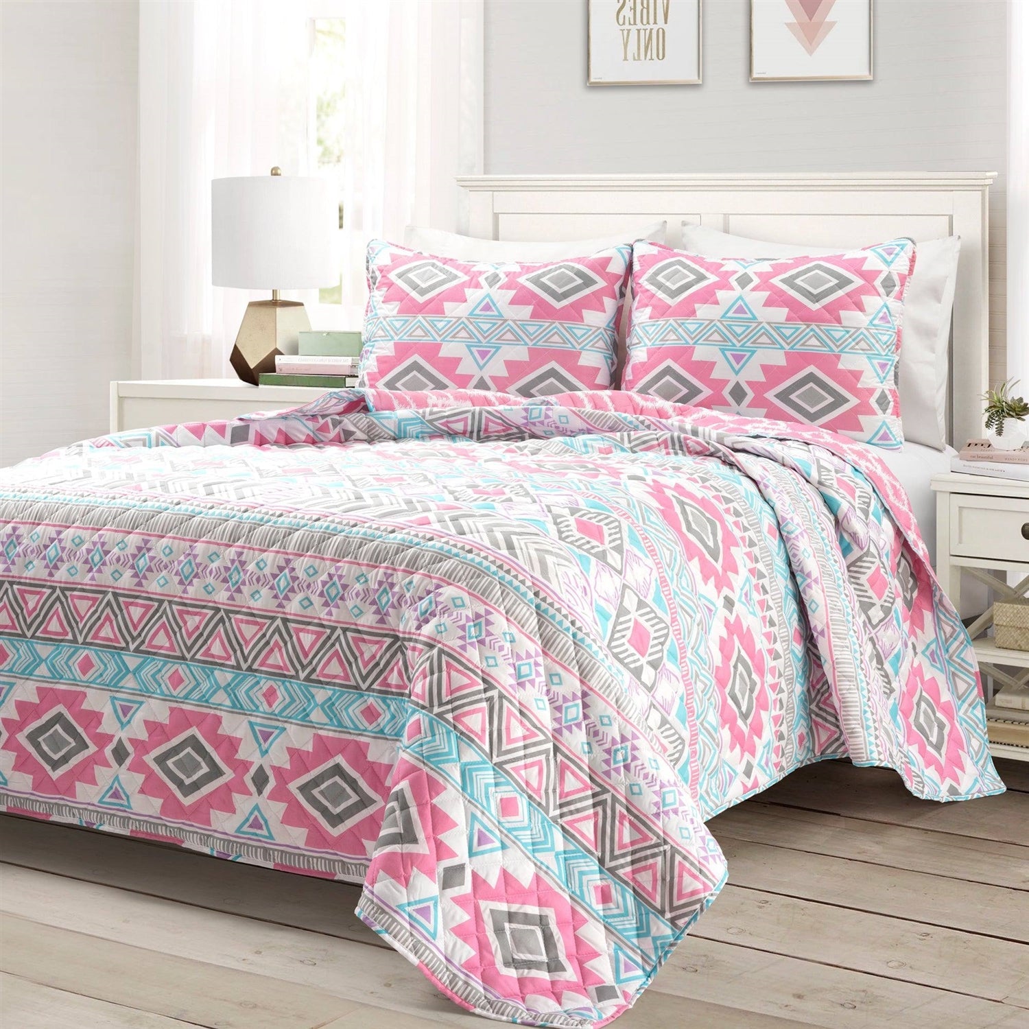 Twin Southwest Indian Style Polyester Pink Blue Striped Reversible Quilt Set - - Bedroom > Quilts & Blankets