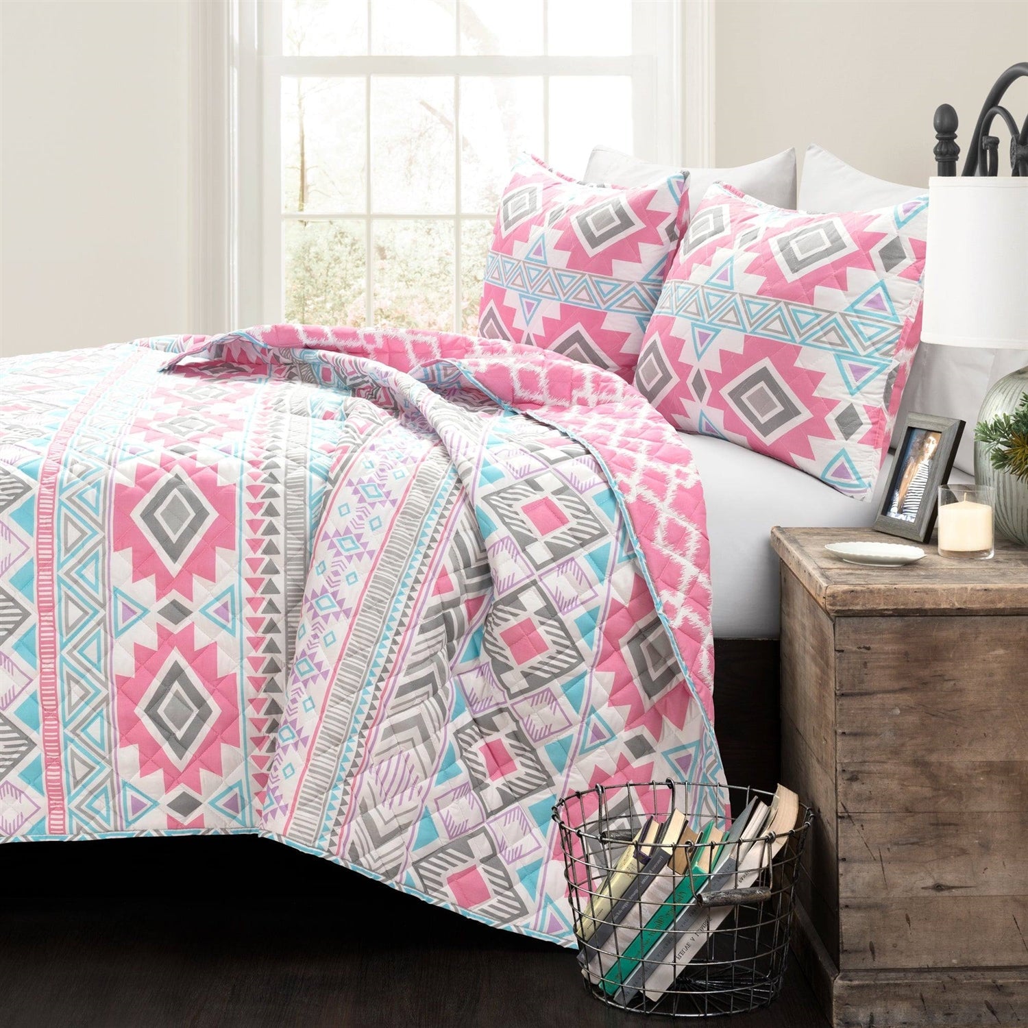Twin Southwest Indian Style Polyester Pink Blue Striped Reversible Quilt Set - - Bedroom > Quilts & Blankets