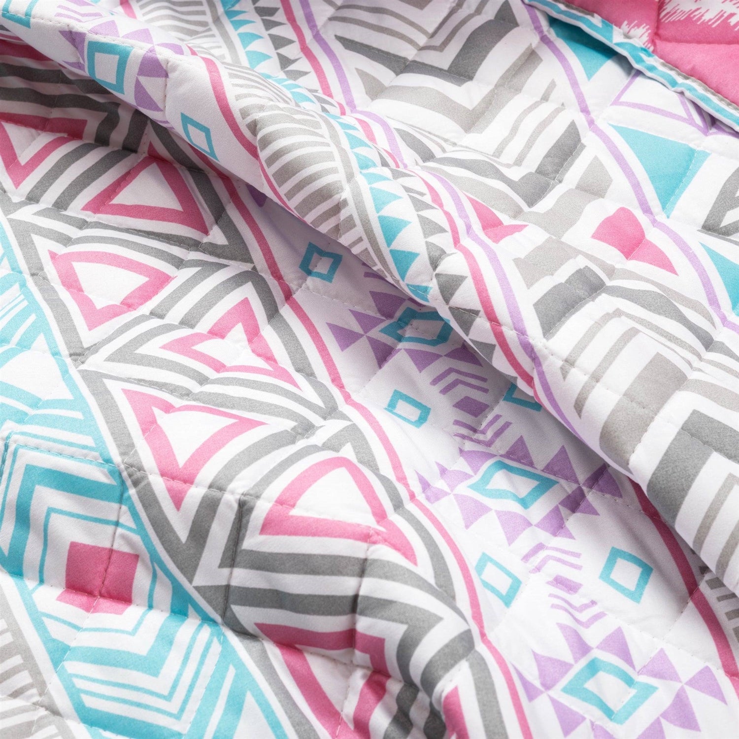 Twin Southwest Indian Style Polyester Pink Blue Striped Reversible Quilt Set - - Bedroom > Quilts & Blankets