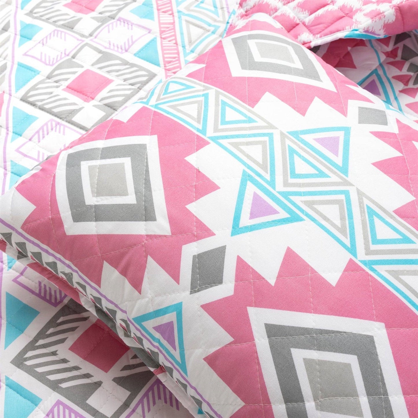 Twin Southwest Indian Style Polyester Pink Blue Striped Reversible Quilt Set - - Bedroom > Quilts & Blankets