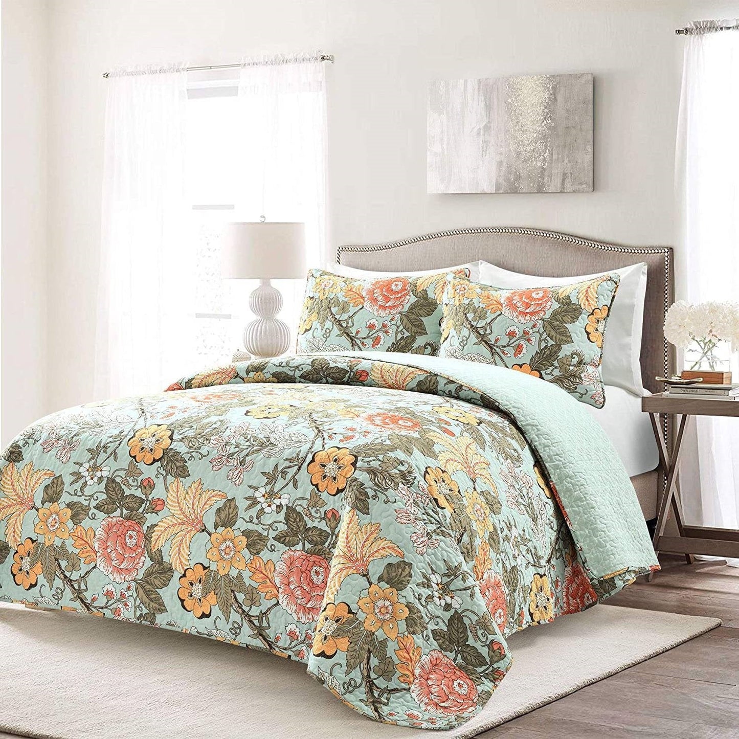 3 Piece FarmHouse Teal Floral Cotton Reversible Quilt Set, King - - Bedroom > Quilts & Blankets