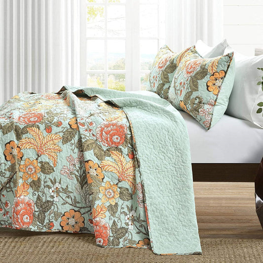 3 Piece FarmHouse Teal Floral Cotton Reversible Quilt Set King - - Bedroom > Quilts & Blankets