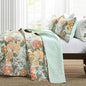 3 Piece FarmHouse Teal Floral Cotton Reversible Quilt Set King - - Bedroom > Quilts & Blankets