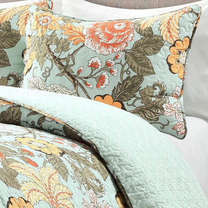 3 Piece FarmHouse Teal Floral Cotton Reversible Quilt Set, King - - Bedroom > Quilts & Blankets