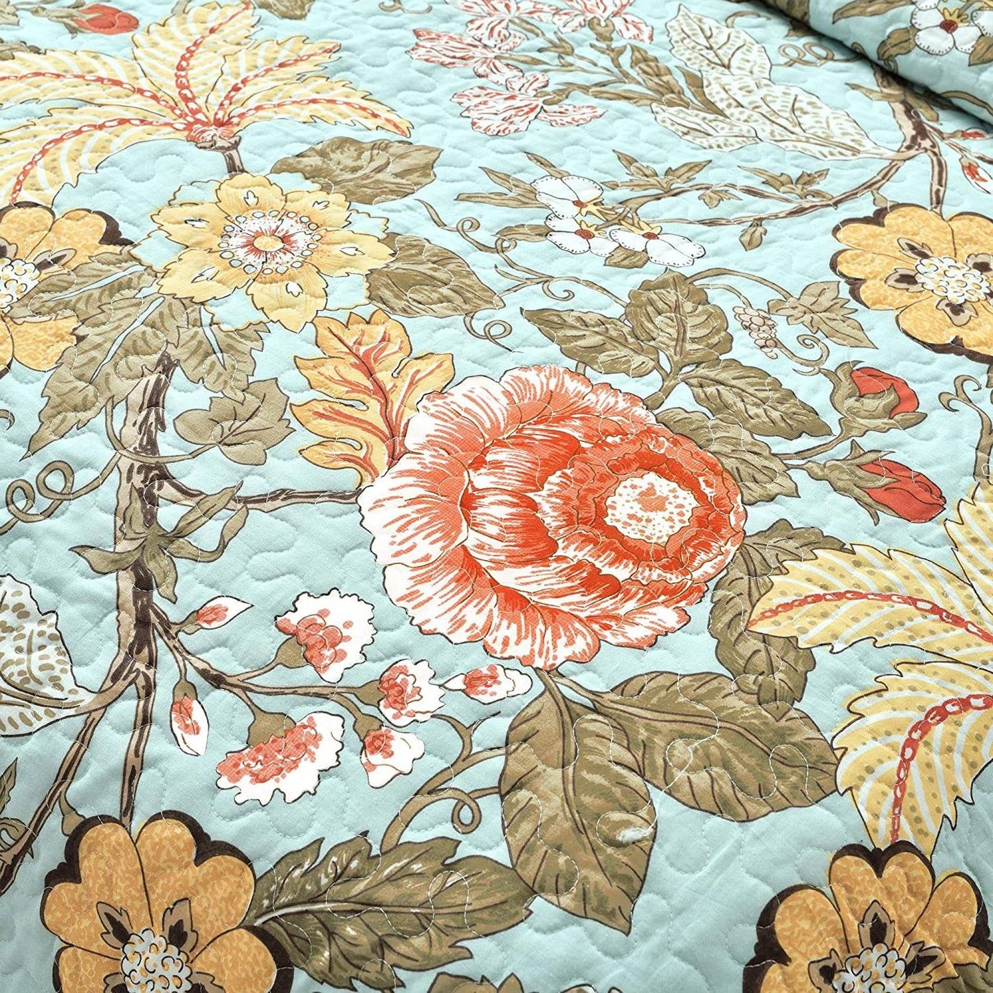 3 Piece FarmHouse Teal Floral Cotton Reversible Quilt Set, King - - Bedroom > Quilts & Blankets
