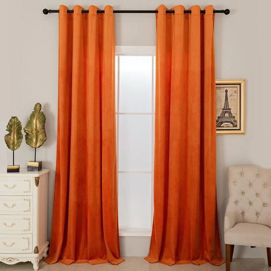 Orange Velvet Curtains 96-inch Blackout Thermal Insulated 2 Panels - Kia Day Design