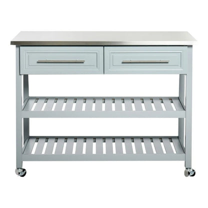 Light Gray Rolling Kitchen Island 2 Drawers Storage with Stainless Steel Top - - Kitchen > Kitchen Carts