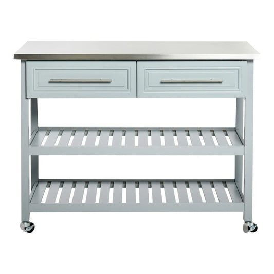 Light Gray Rolling Kitchen Island 2 Drawers Storage with Stainless Steel Top - - Kitchen > Kitchen Carts