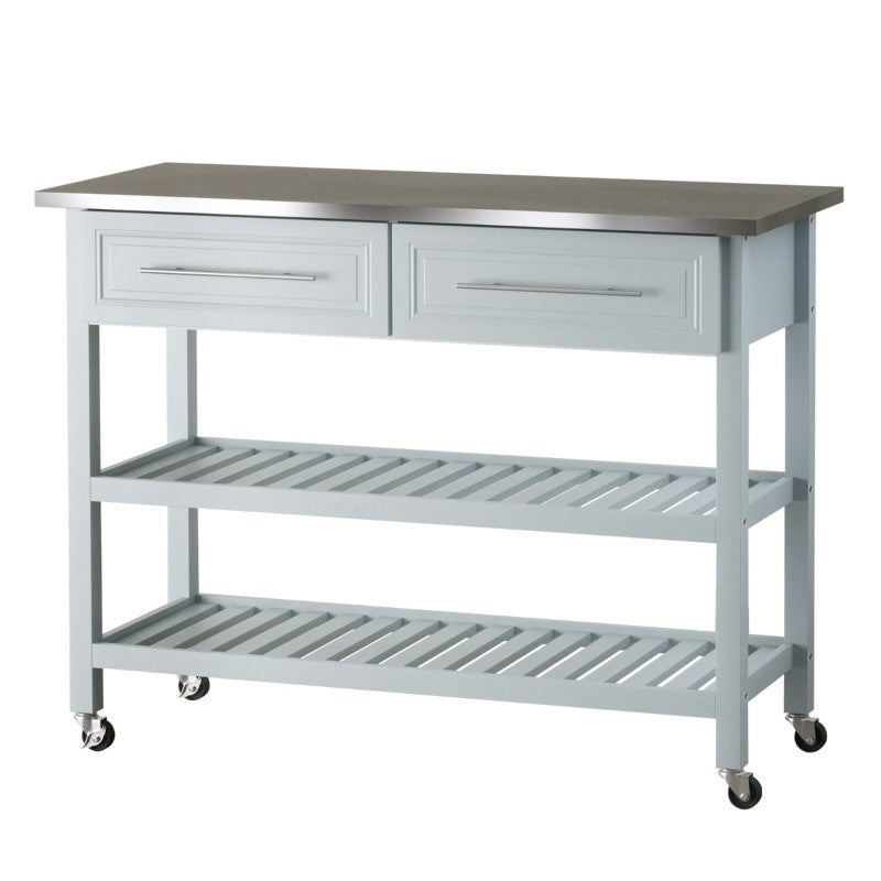 Light Gray Rolling Kitchen Island 2 Drawers Storage with Stainless Steel Top - - Kitchen > Kitchen Carts