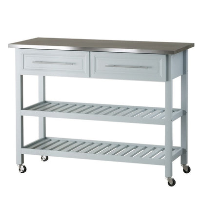 Light Gray Rolling Kitchen Island 2 Drawers Storage with Stainless Steel Top - - Kitchen > Kitchen Carts