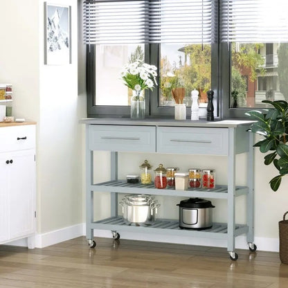 Light Gray Rolling Kitchen Island 2 Drawers Storage with Stainless Steel Top - - Kitchen > Kitchen Carts
