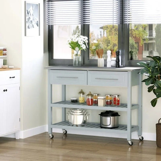 Light Gray Rolling Kitchen Island 2 Drawers Storage with Stainless Steel Top - - Kitchen > Kitchen Carts