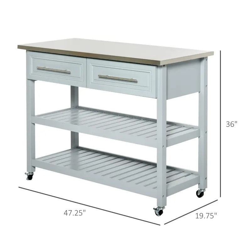 Light Gray Rolling Kitchen Island 2 Drawers Storage with Stainless Steel Top - - Kitchen > Kitchen Carts