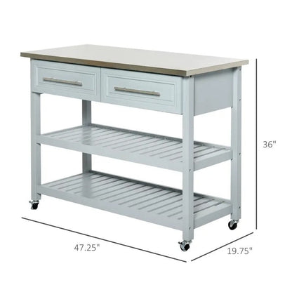 Light Gray Rolling Kitchen Island 2 Drawers Storage with Stainless Steel Top - - Kitchen > Kitchen Carts