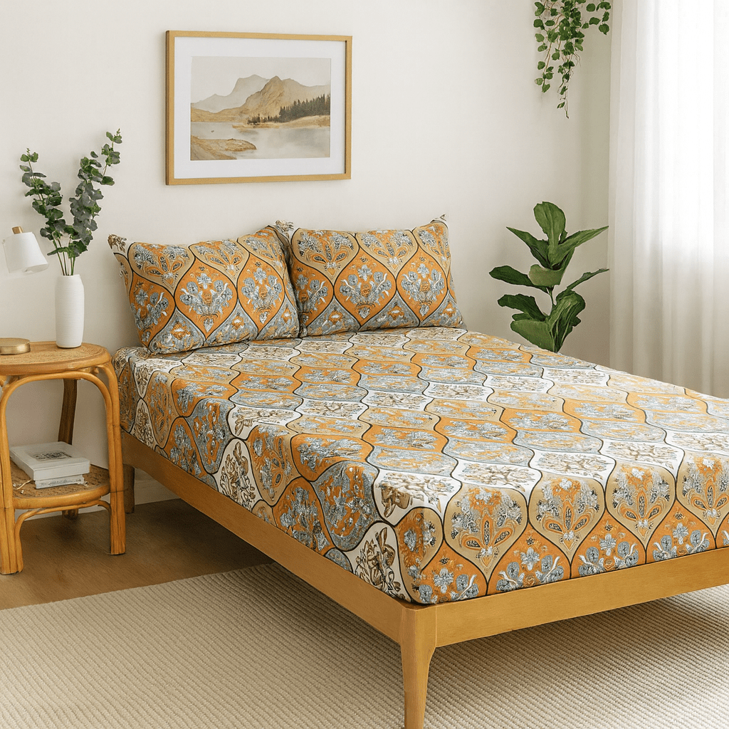 DaDa Bedding Bohemian Fitted Sheet w/Pillow Cases - Coral Teal - -