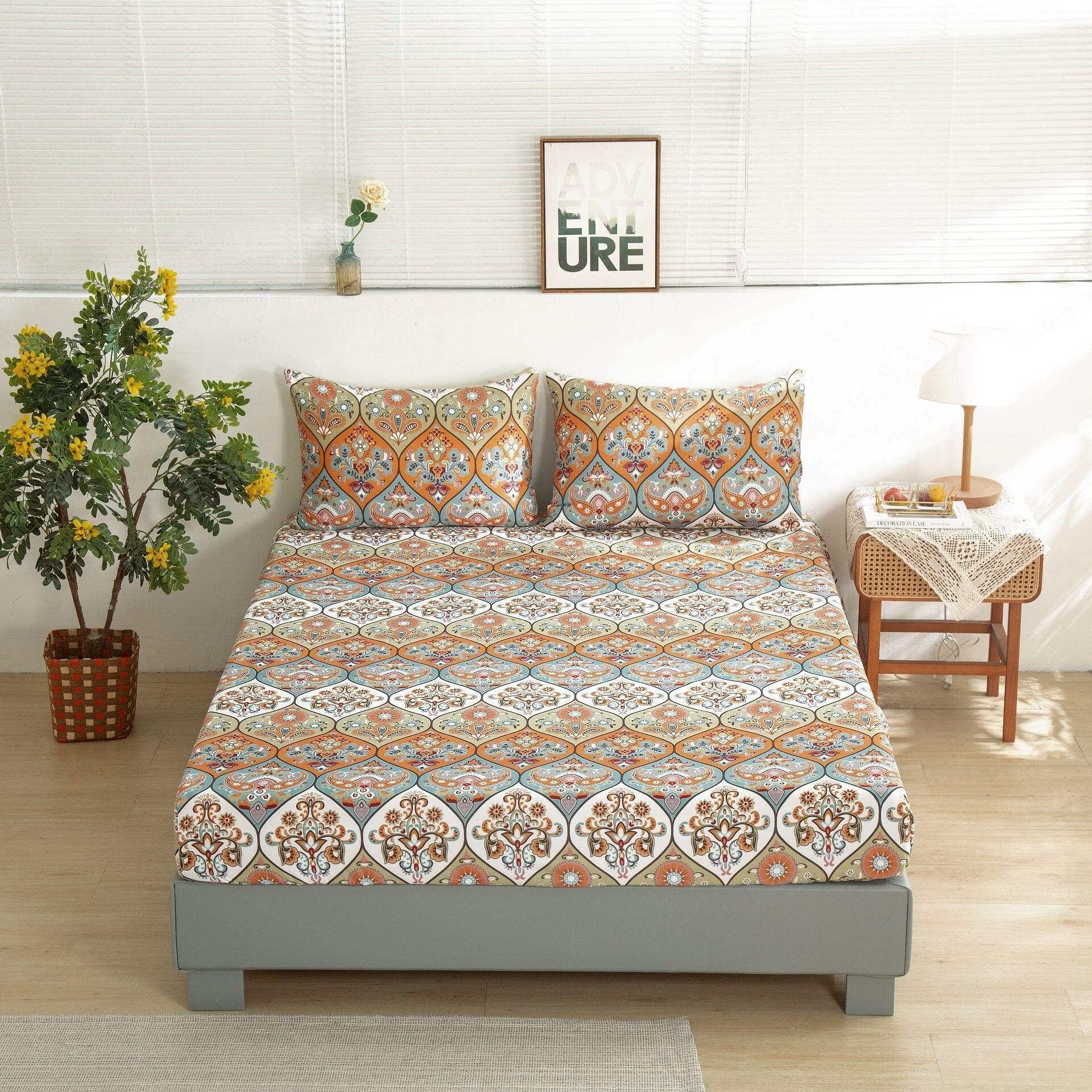 DaDa Bedding Bohemian Fitted Sheet w/Pillow Cases - Coral Teal - Twin -