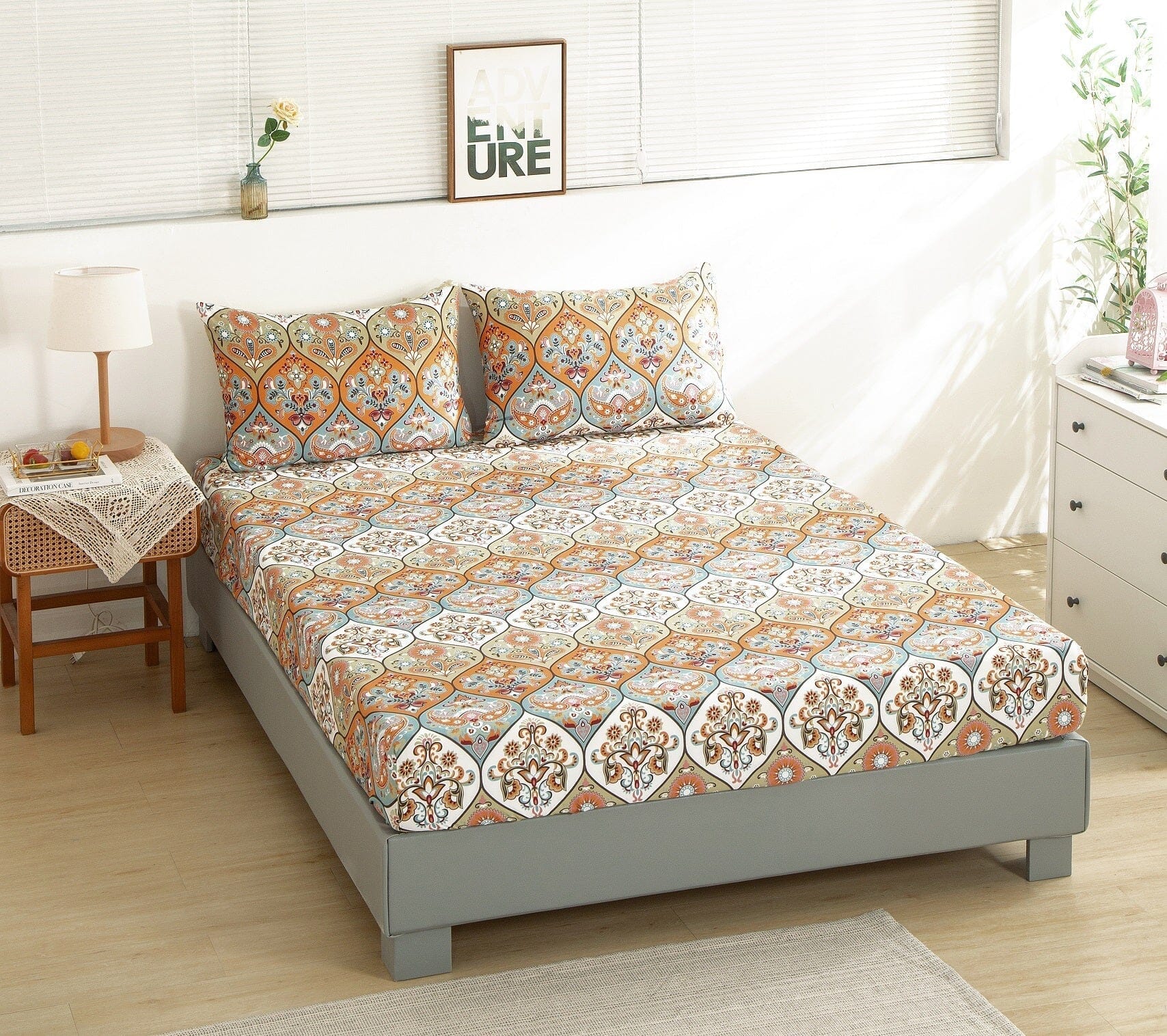 DaDa Bedding Bohemian Fitted Sheet w/Pillow Cases - Coral Teal - -