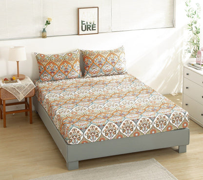 DaDa Bedding Bohemian Fitted Sheet w/Pillow Cases - Coral Teal - -