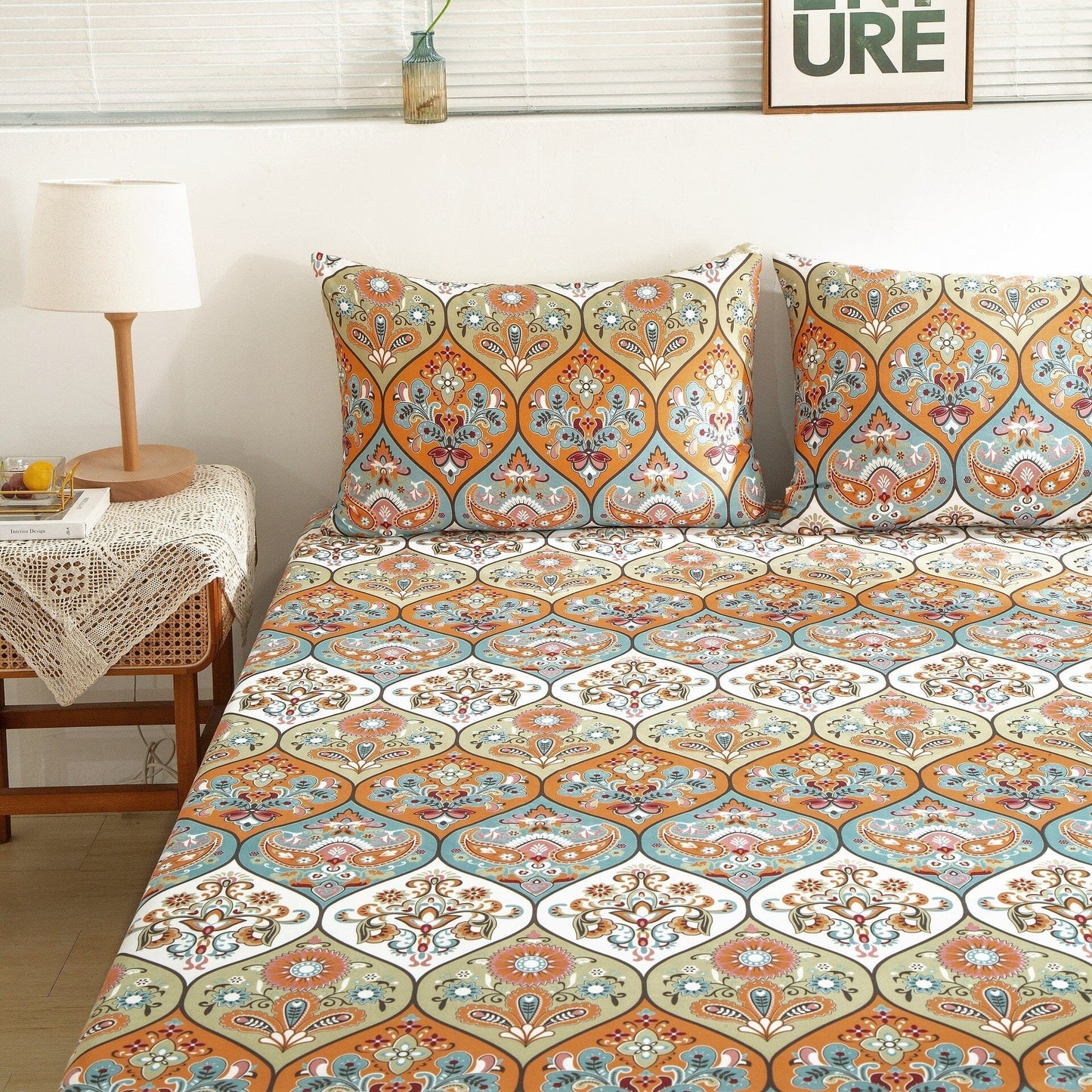 DaDa Bedding Bohemian Fitted Sheet w/Pillow Cases - Coral Teal - -