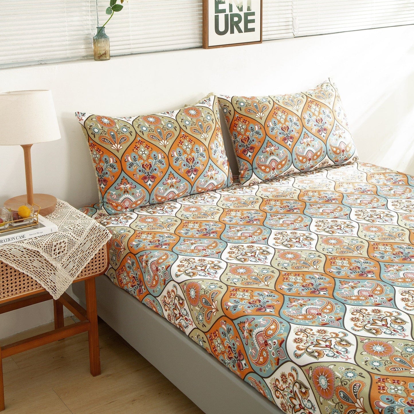 DaDa Bedding Bohemian Fitted Sheet w/Pillow Cases - Coral Teal - -