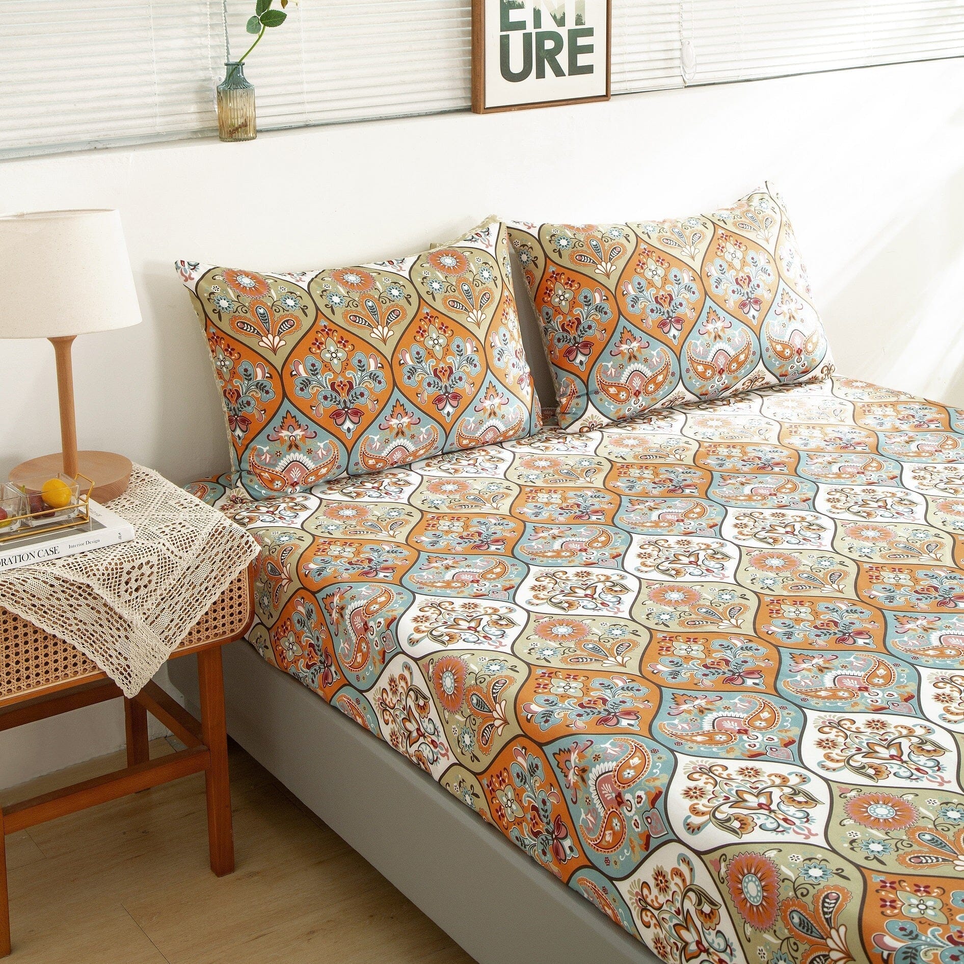 DaDa Bedding Bohemian Fitted Sheet w/Pillow Cases - Coral Teal - -