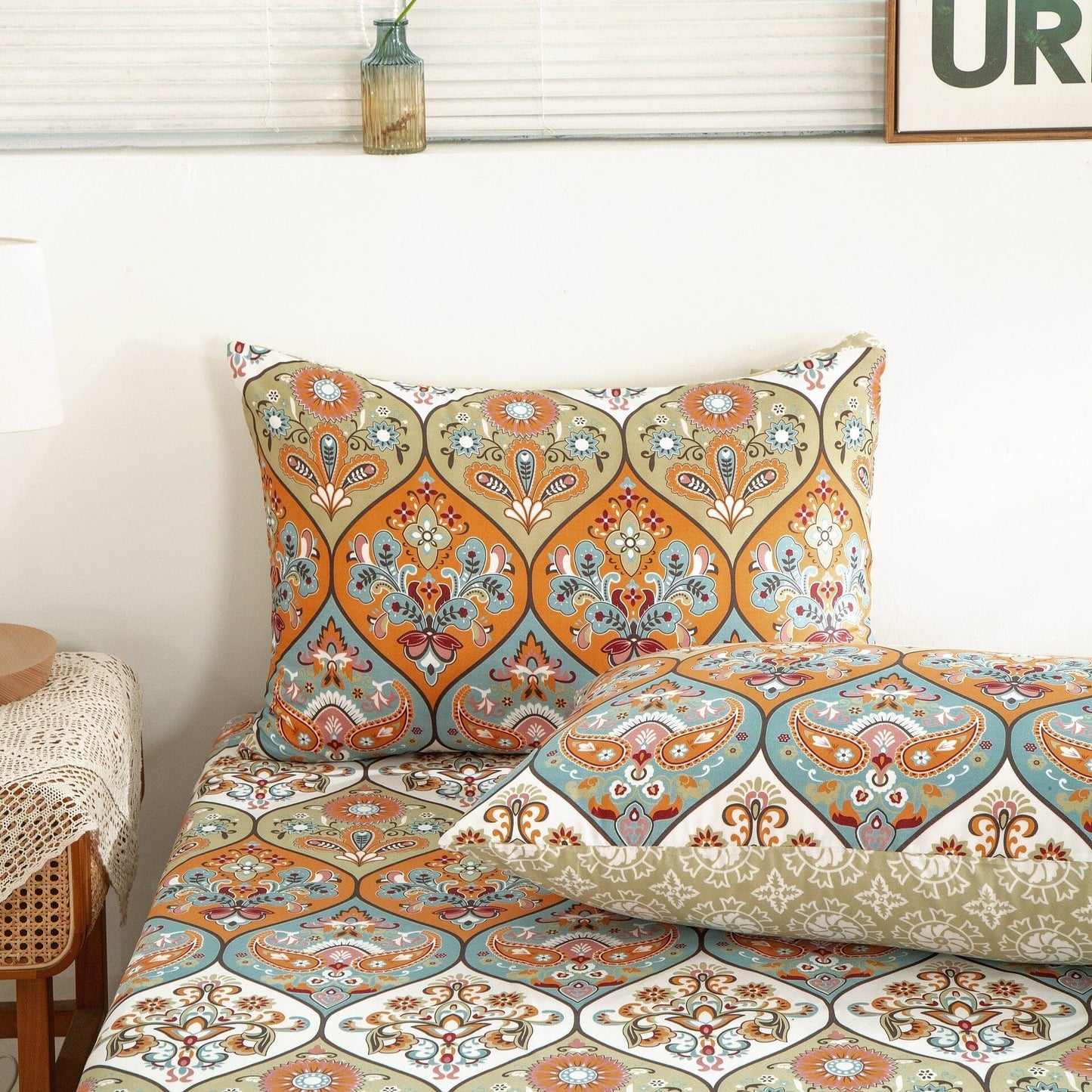 DaDa Bedding Bohemian Fitted Sheet w/Pillow Cases - Coral Teal - -