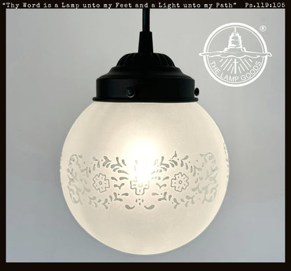 Frosted Floral and Cross Globe Pendant Light - - Farmhouse Lighting