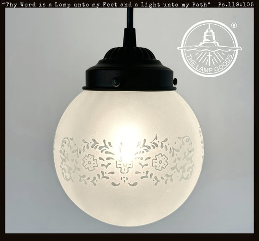 Frosted Floral and Cross Globe Pendant Light - - Farmhouse Lighting