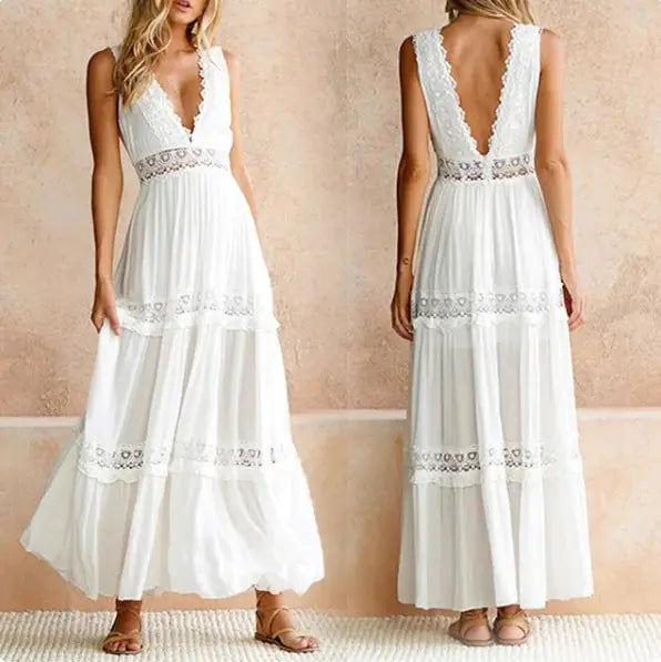 Deep V-Neck Lace Maxi Dress