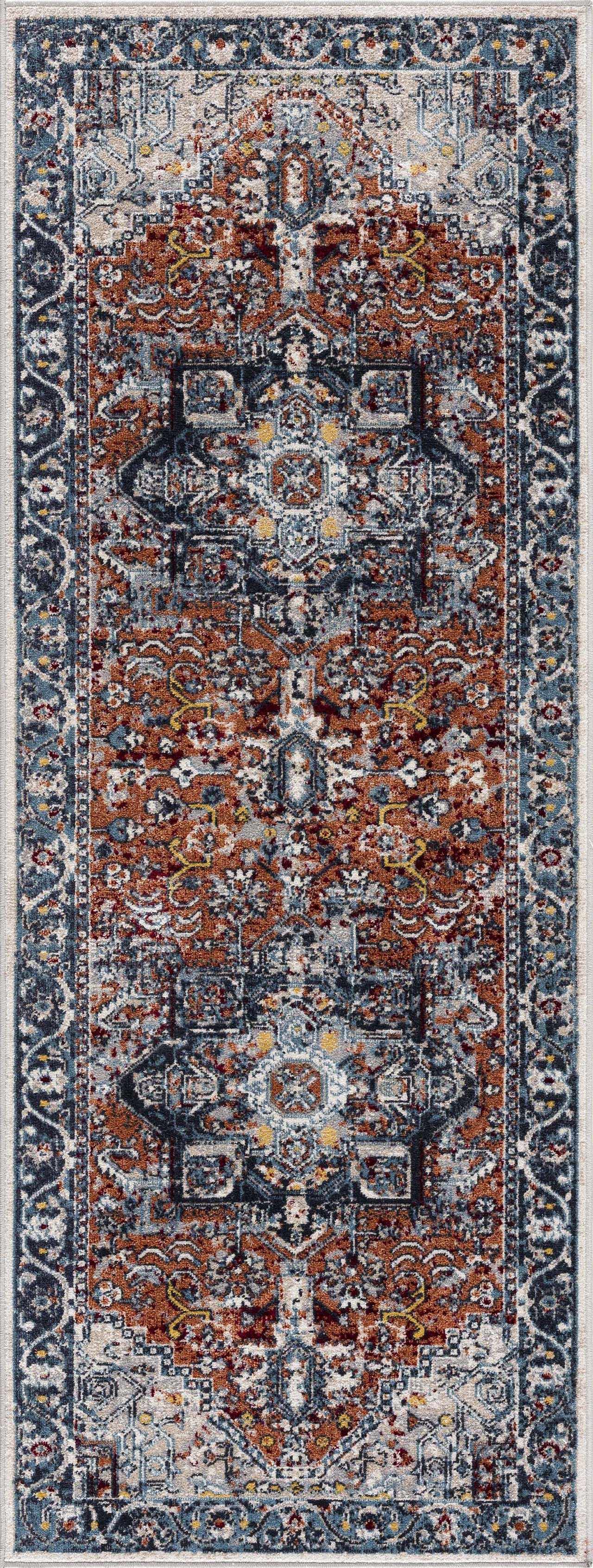 Cabacungan Blue & Rust Washable Area Rug - 2'7" x 7'3" Runner - Rugs
